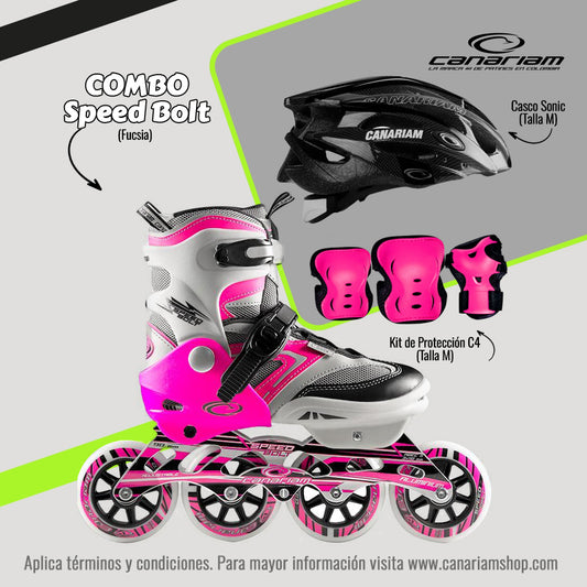 Promo: Patín Speed Bolt Fucsia + Casco Sonic (Talla M) + Kit de Protección C4 (Talla M)