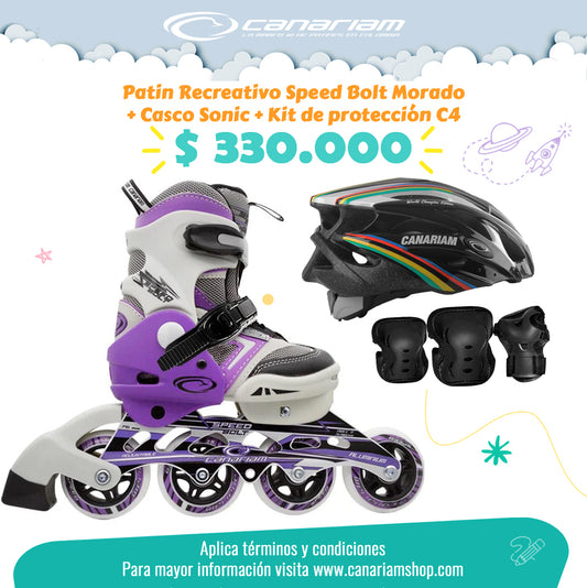 Promo: Patín Speed Bolt Morado + Casco Sonic (Talla M) + Kit de Protección C4 (Talla L)