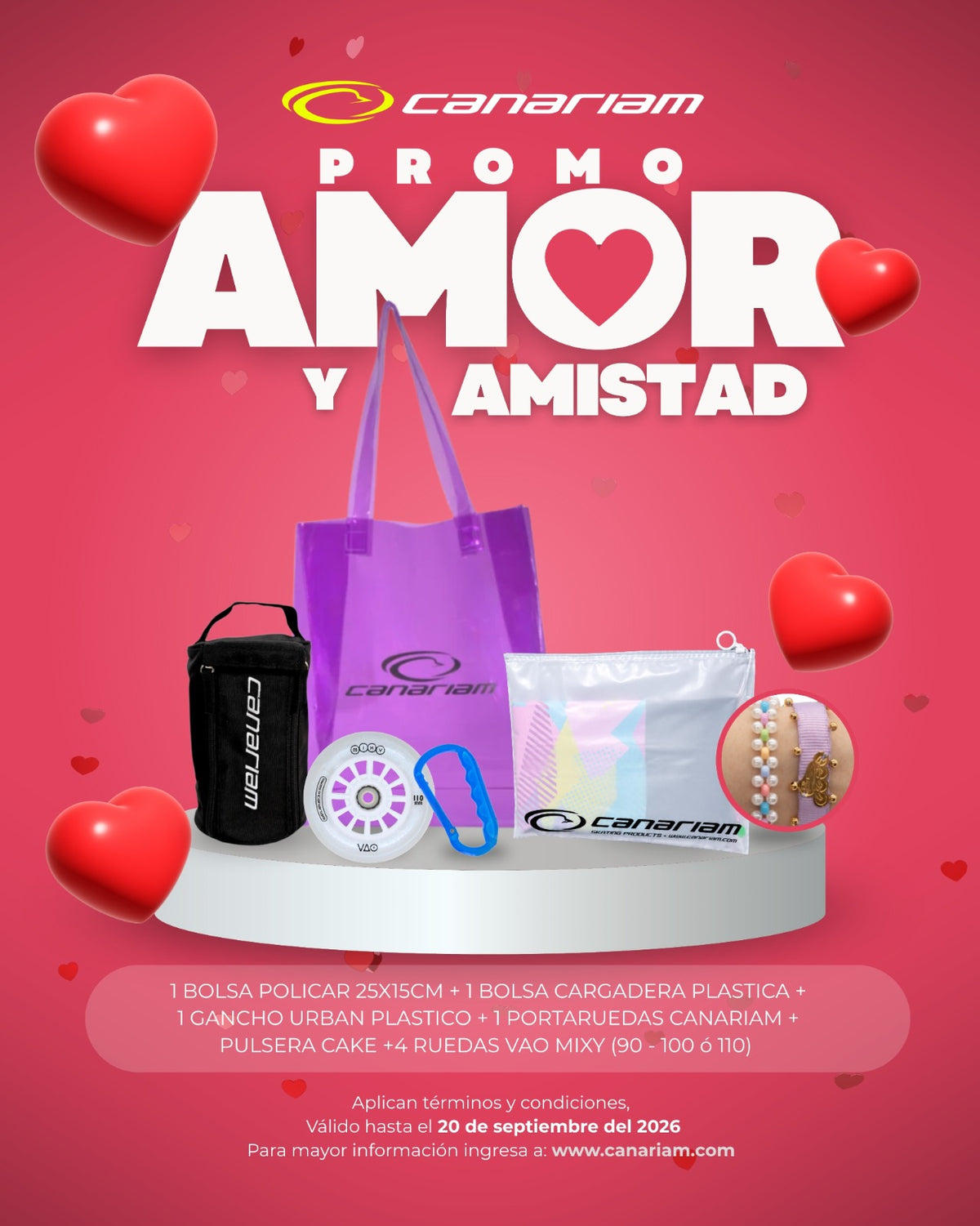 1 Bolsa Polcar 25x15cm + 1 Bolsa cargadera plastica + 1 Gancho Urban plastico + 1 Portaruedas + Pulsera Cake + 4 Ruedas VAO Mixy (90/100 o 110mm)