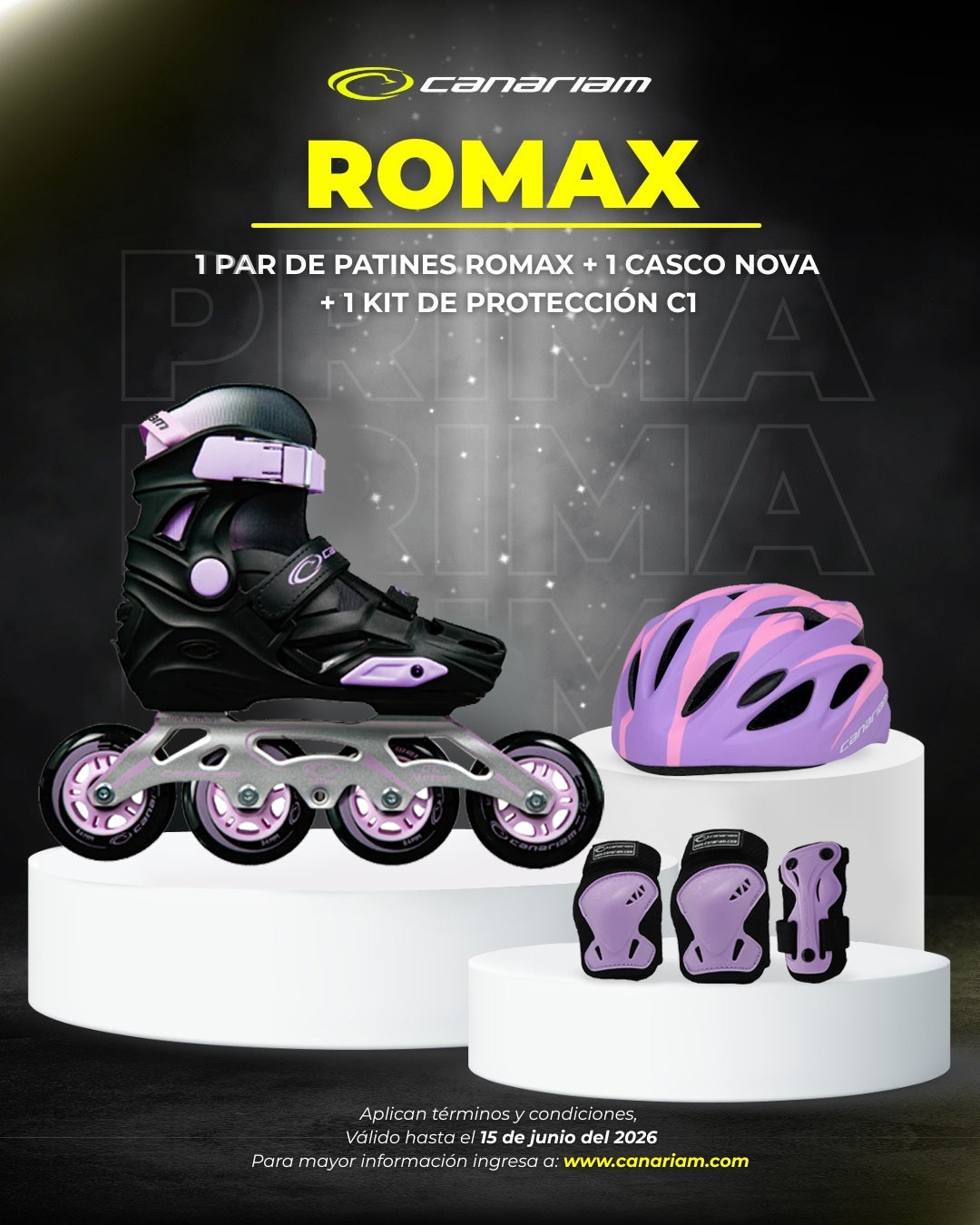 Promo: 1 Par de patines Romax Negro x Lila + 1 Casco Nova + 1 Kit de Protección C1