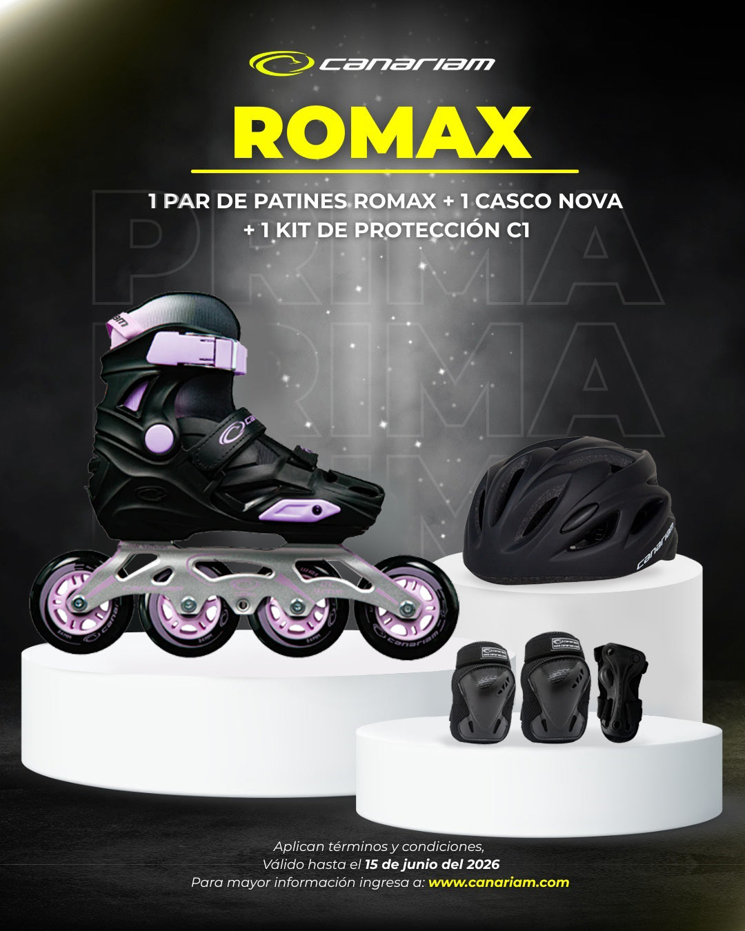 Promo: 1 Par de patines Romax Negro x Lila + 1 Casco Nova + 1 Kit de Protección C1