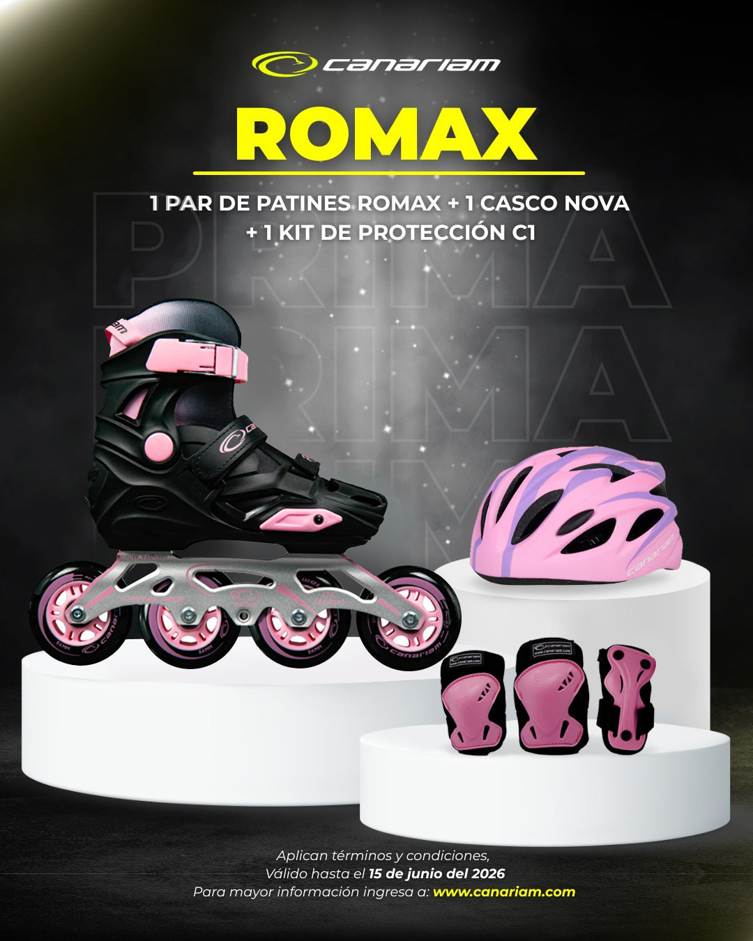 Promo: 1 Par de patines Romax Negro x Rosado + 1 Casco Nova + 1 Kit de Protección C1