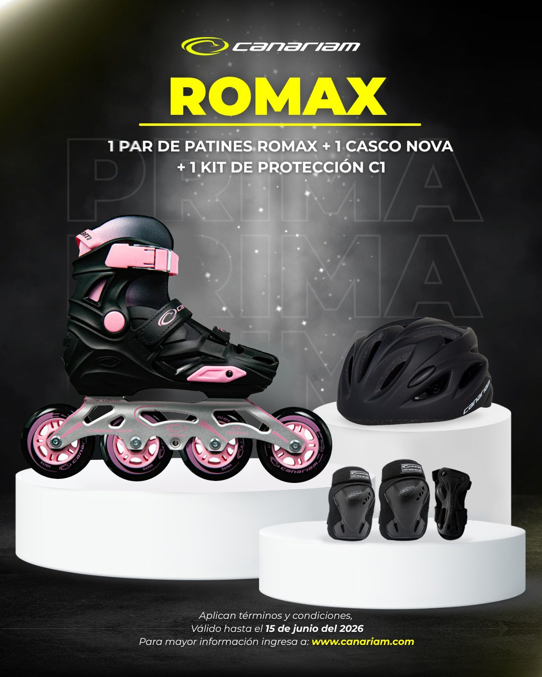 Promo: 1 Par de patines Romax Negro x Rosado + 1 Casco Nova + 1 Kit de Protección C1