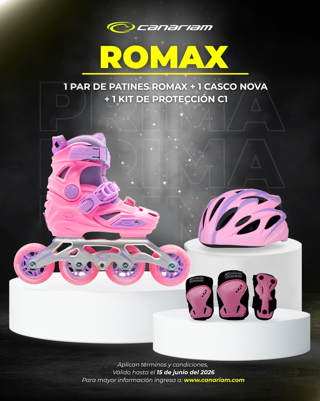 Promo: 1 Par de patines Romax Rosado + 1 Casco Nova + 1 Kit de Protección C1
