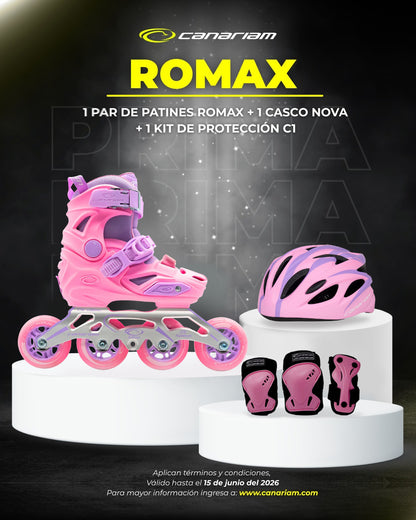 Promo: 1 Par de patines Romax Rosado + 1 Casco Nova + 1 Kit de Protección C1