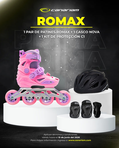 Promo: 1 Par de patines Romax Rosado + 1 Casco Nova + 1 Kit de Protección C1