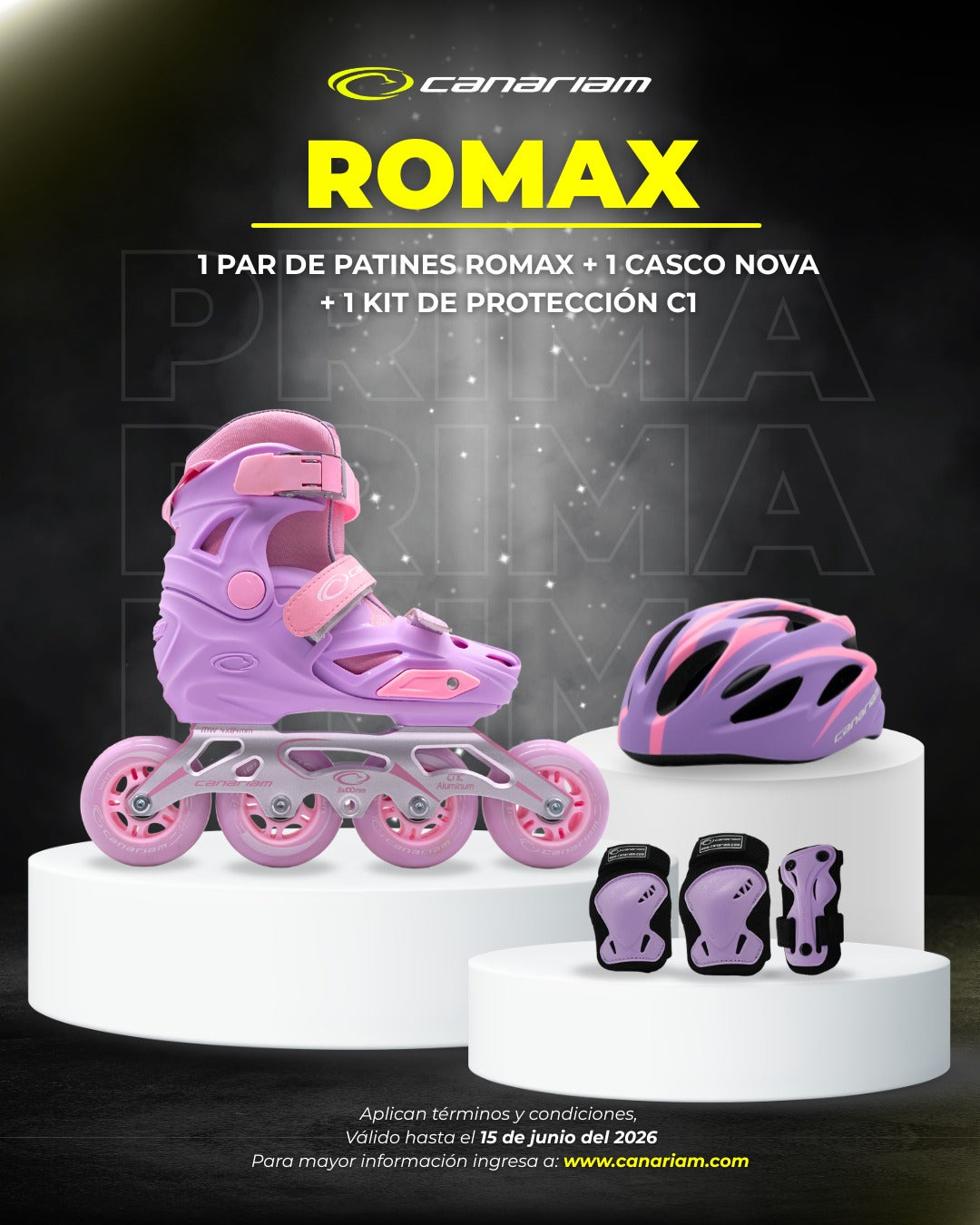 Promo: 1 Par de patines Romax Lila + 1 Casco Nova + 1 Kit de Protección C1