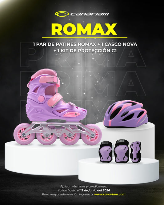 Promo: 1 Par de patines Romax Lila + 1 Casco Nova + 1 Kit de Protección C1