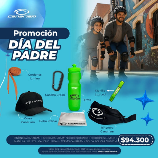 Promo día del Padre: Gorra + Cordones Lumino + Gancho Urban + Termo + Manilla Luz Led + Riñonera Canariam + Bolsa Policar
