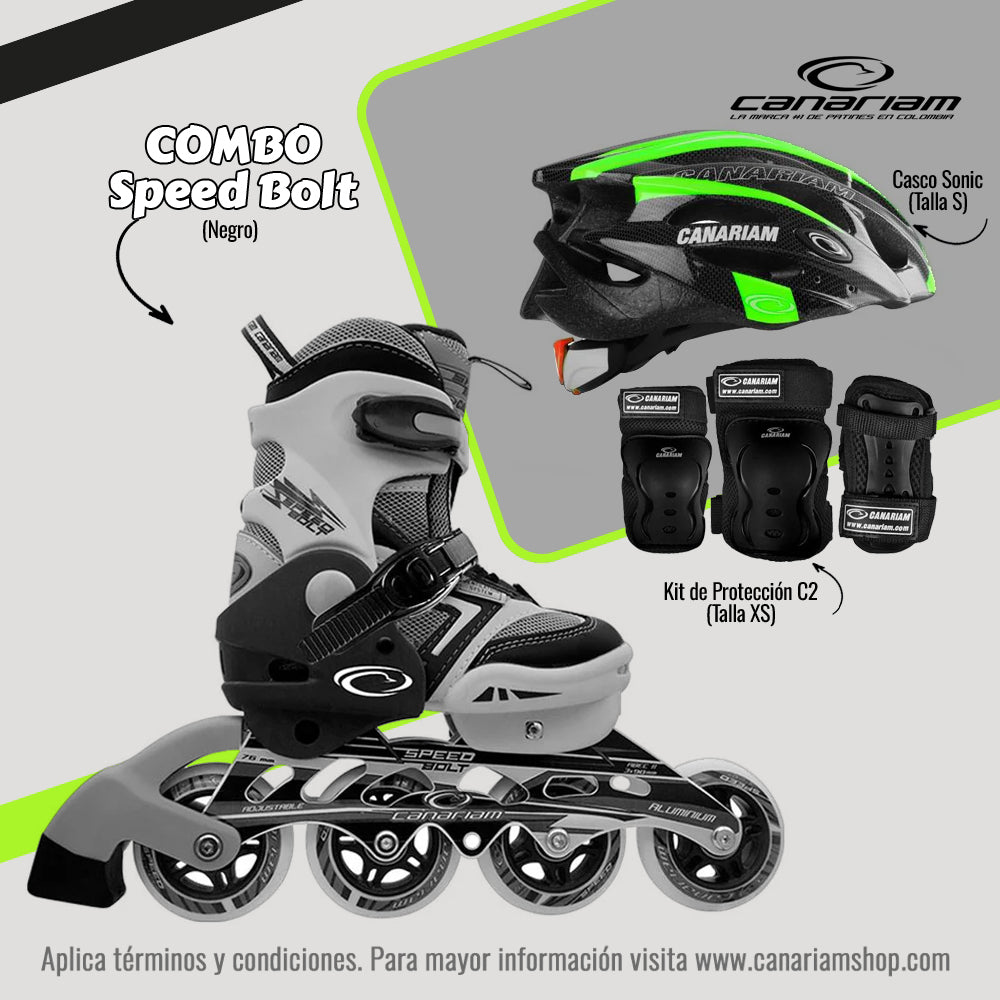 Promo: Patín Speed Bolt Negro + Casco Sonic (Talla S) + Kit de Protección C2 (Talla: XS)