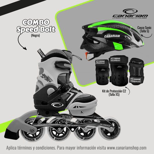 Promo: Patín Speed Bolt Negro + Casco Sonic (Talla S) + Kit de Protección C2 (Talla: XS)