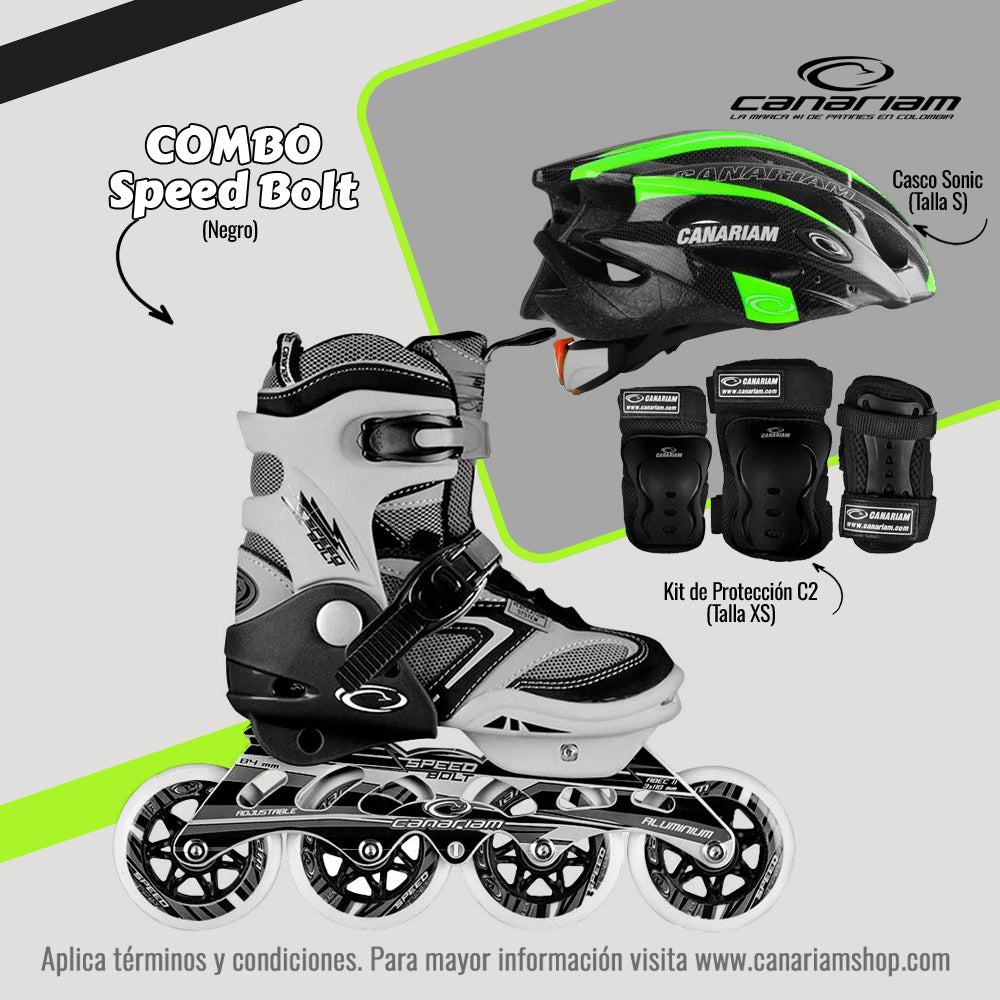 Promo: Patín Speed Bolt Negro + Casco Sonic (Talla S) + Kit de Protección C2 (Talla: XS)
