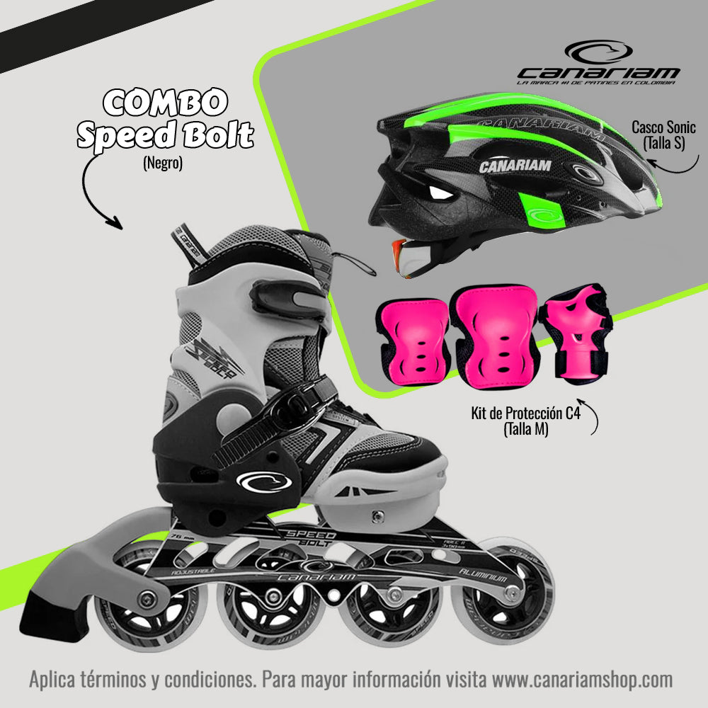 Promo: Patín Speed Bolt Negro + Casco Sonic (Talla S) + Kit de Protección C4 (Talla M)