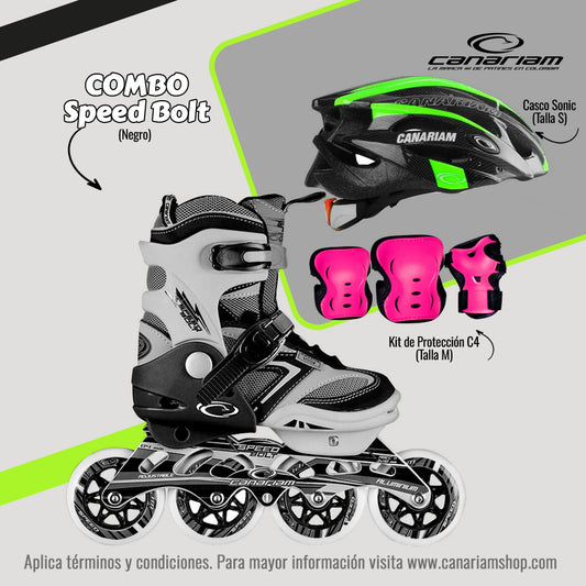 Promo: Patín Speed Bolt Negro + Casco Sonic (Talla S) + Kit de Protección C4 (Talla M)