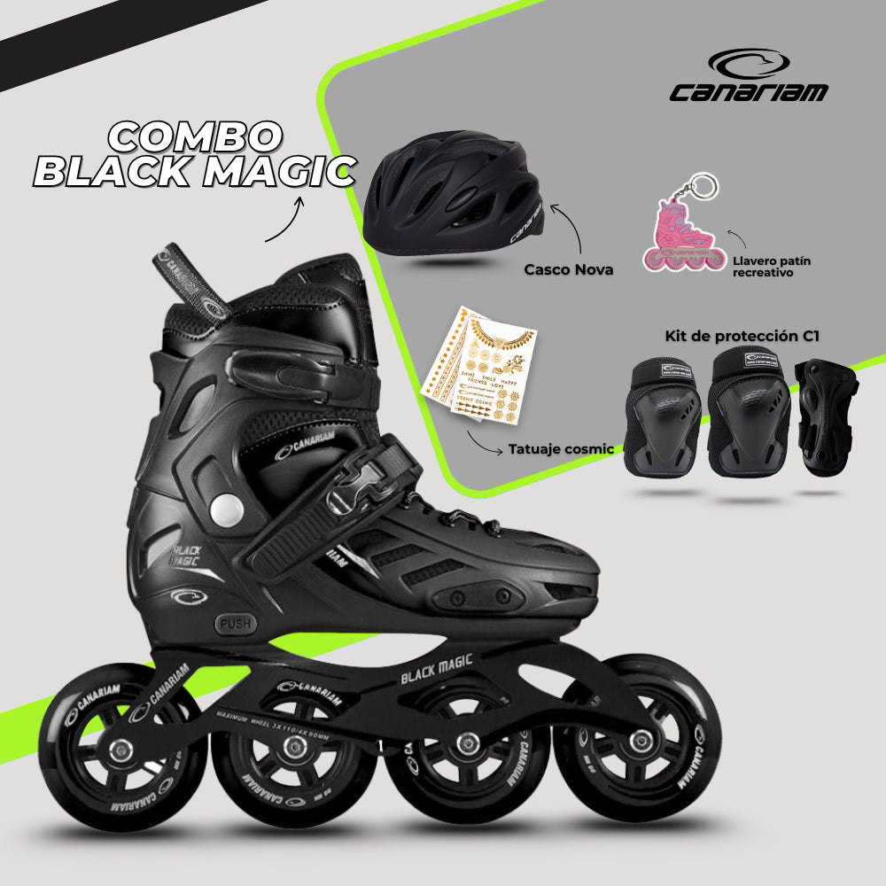 Promo: Combo Black Magic (39-42) + Casco Nova (S/M) + Kit de Protección C1 + Tatuaje Cosmic + Llavero patín