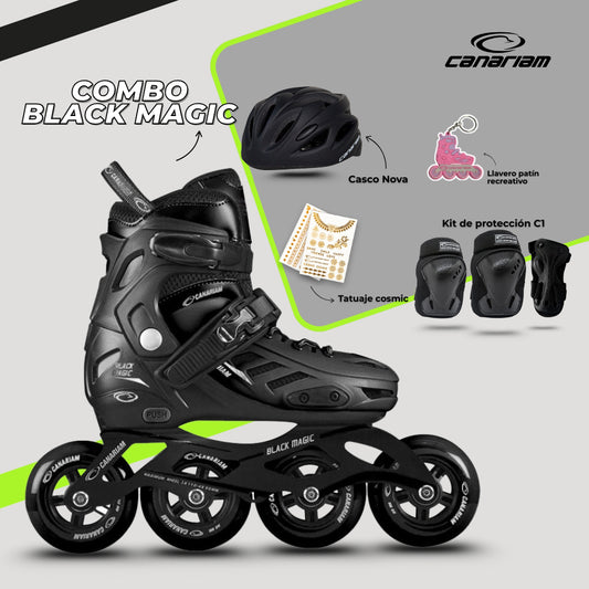Promo: Combo Black Magic (39-42) + Casco Nova (S/M) + Kit de Protección C1 + Tatuaje Cosmic + Llavero patín