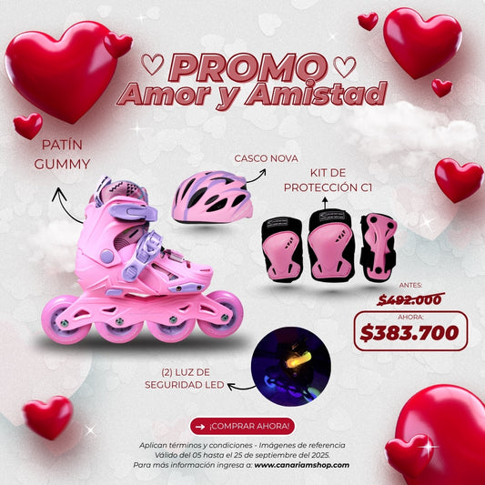 Promo: Patines Gummy + Kit de Protección C1 + Casco Nova + 2 Luz Led de Seguridad
