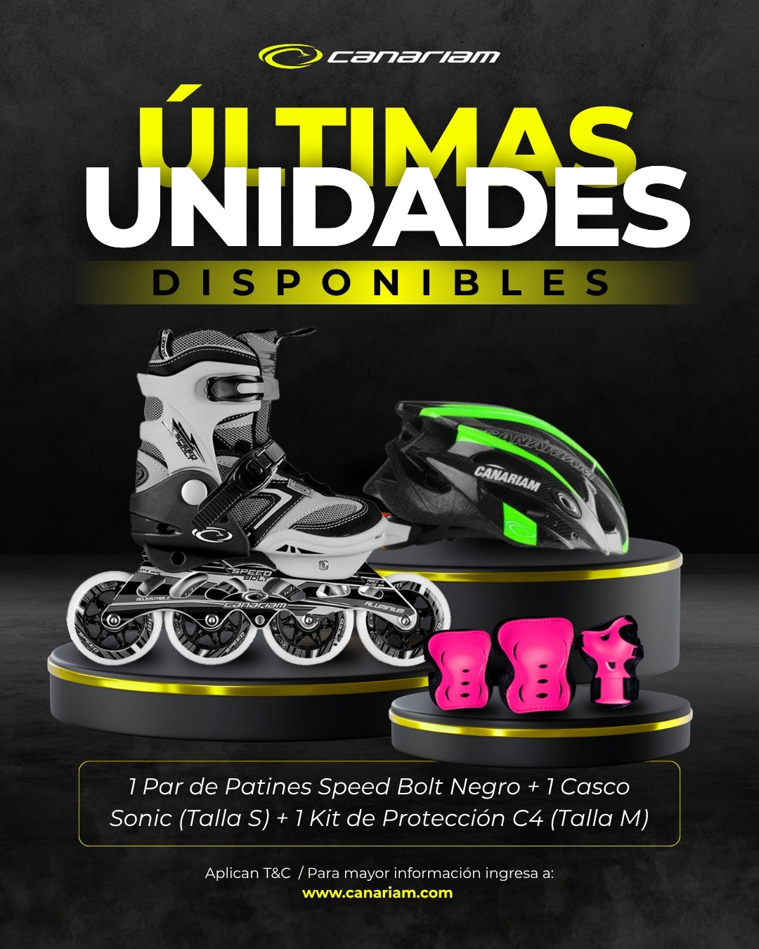 Promo: Patín Speed Bolt Negro + Casco Sonic (Talla S) + Kit de Protección C4 (Talla M)