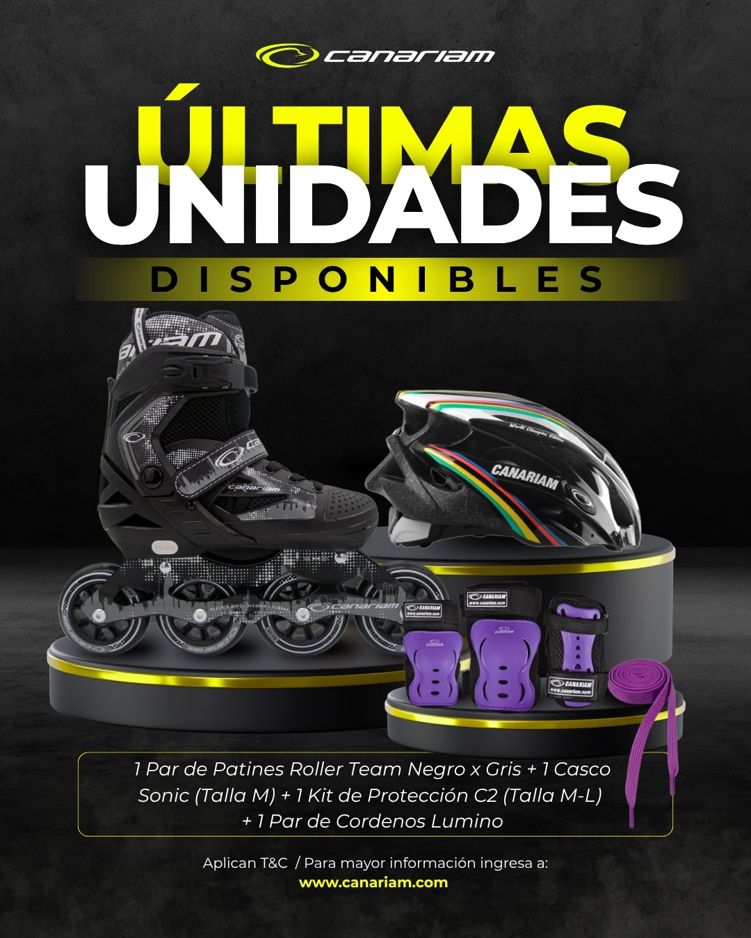 Promo: Roller Team (Gris x Negro) + Casco Sonic (Talla M) + Kit C2 Morado (Talla: M / L) + 1  Par de Cordones Lúmino