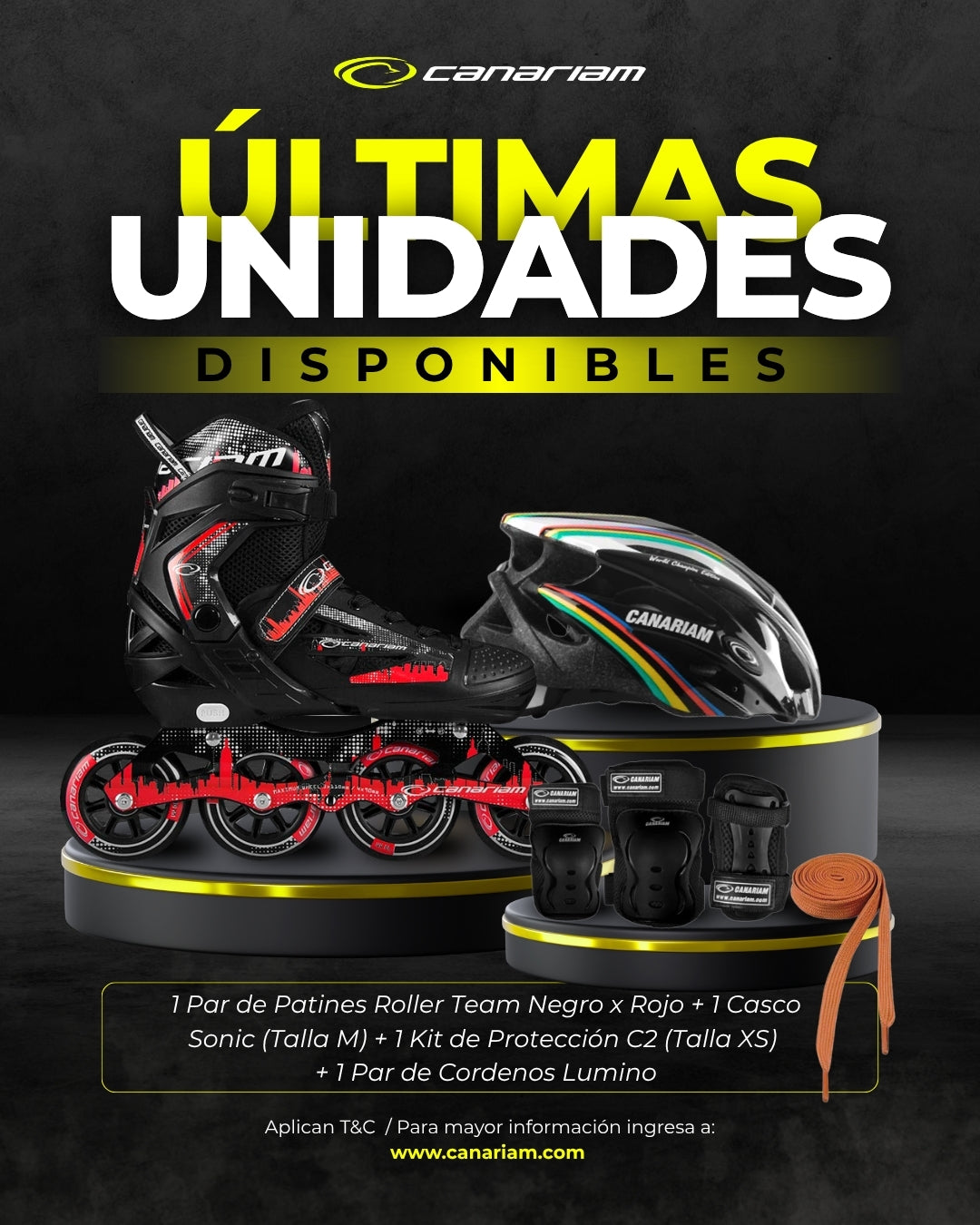 Promo: Roller Team (Negro x Rojo) + Casco Sonic (Talla M) + Kit C2 (Talla: XS) + 1  Par de Cordones Lúmino