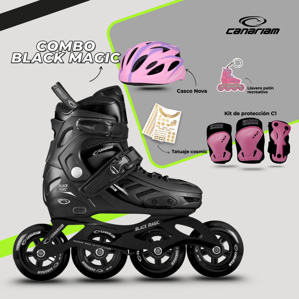 Promo: Combo Black Magic (39-42) + Casco Nova (S/M) + Kit de Protección C1 + Tatuaje Cosmic + Llavero patín