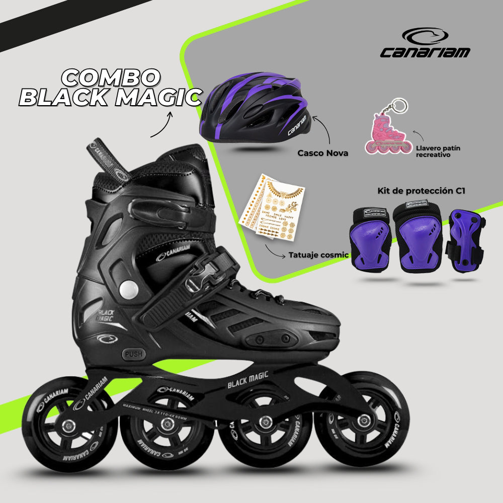 Promo: Combo Black Magic (39-42) + Casco Nova (S/M) + Kit de Protección C1 + Tatuaje Cosmic + Llavero patín