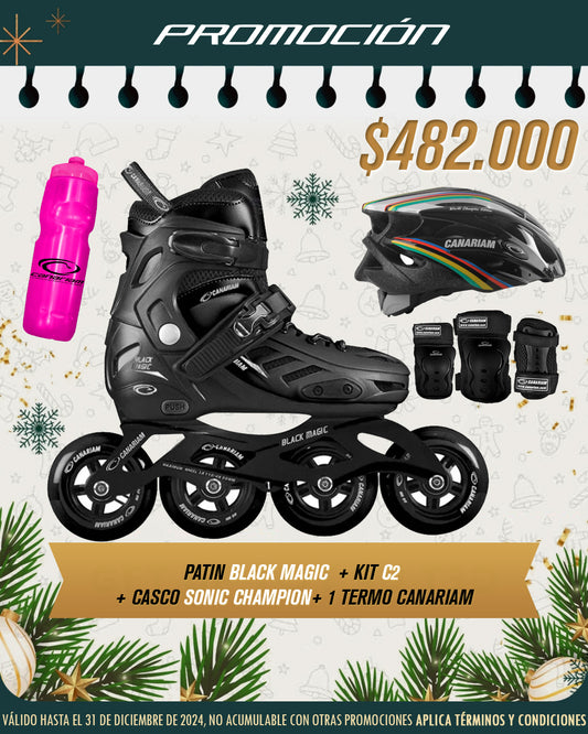 Promo: Patin Black Magic Negro + Kit de Protección C2 + Casco Sonic Champion + Thermo