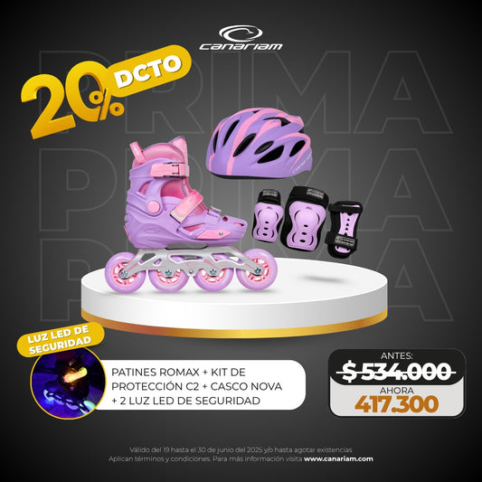 Promo Prima: Patines Romax + Kit de Protección C2 + Casco Nova + 2 Luz Led de Seguridad