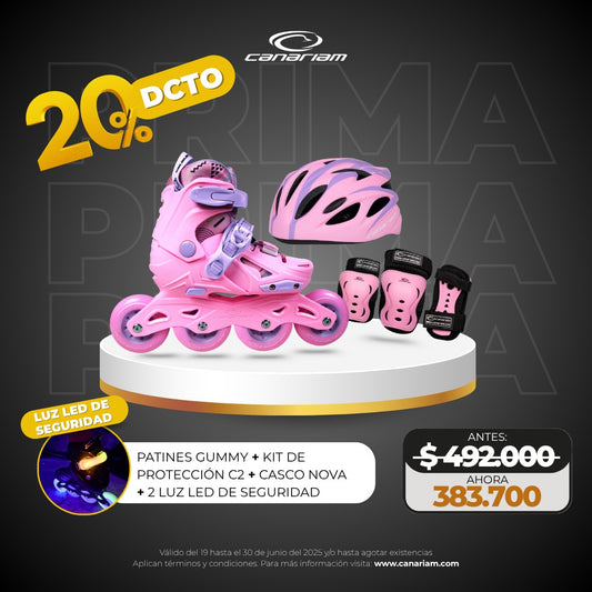 Promo Prima: Patines Gummy + Kit de Protección C2 + Casco Nova + 2 Luz Led de Seguridad